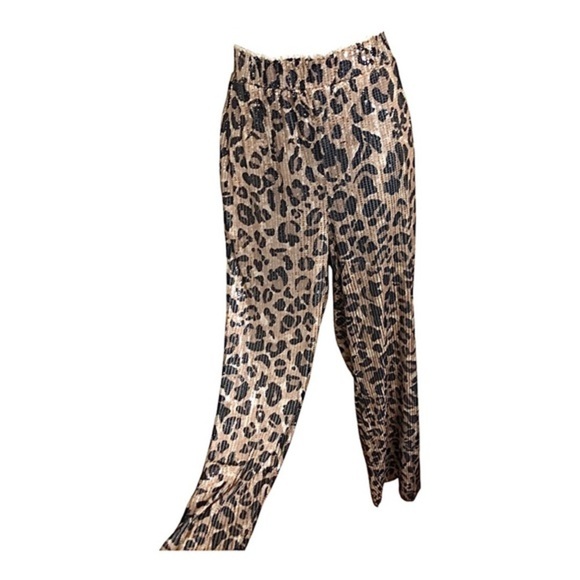 Cheetah Animal print fully sequin ruffled waist‎ soft flowy pants size large new - Picture 1 of 14